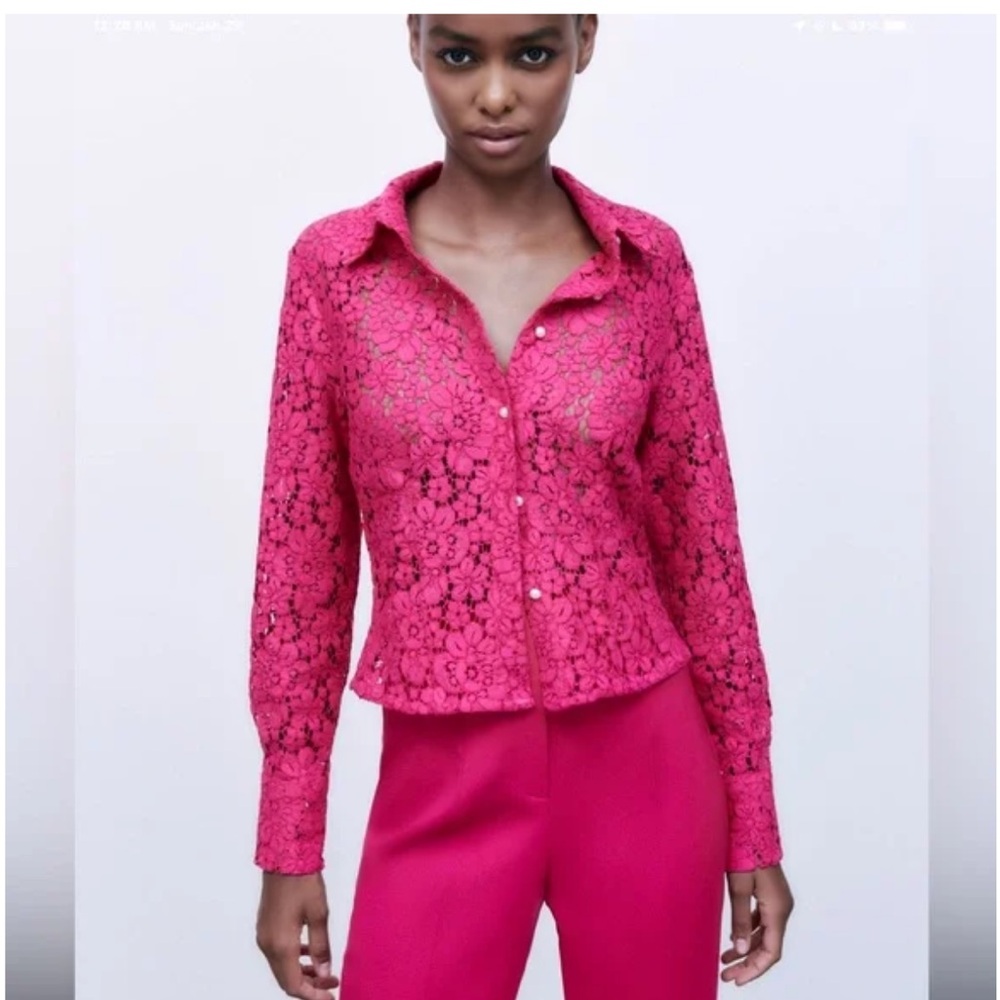 ZARA Pink Lace Button-Up Top